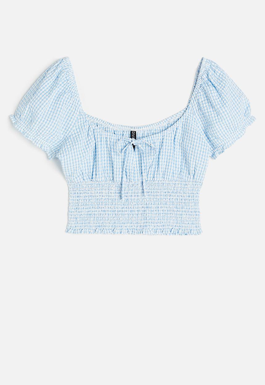 H&M - Puff-sleeved smocked blouse - light blue checked