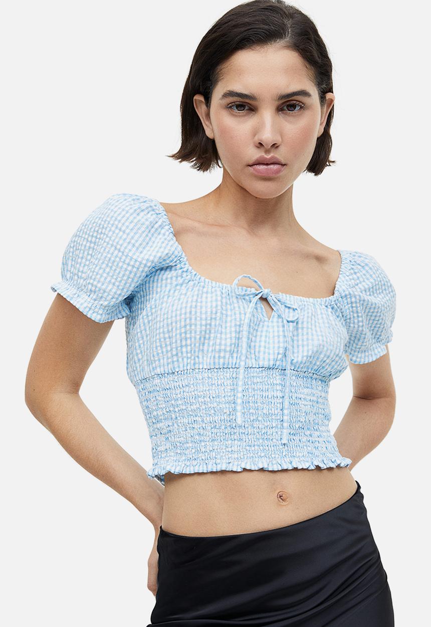 H&M - Puff-sleeved smocked blouse - light blue checked