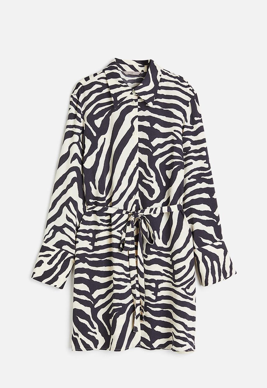 H&M - Tie-belt shirt dress - dark grey zebra print