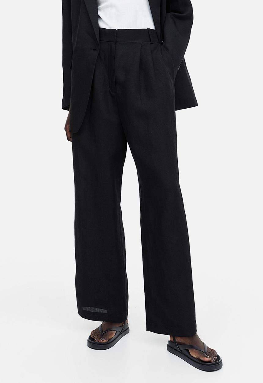 H&M - Wide linen-blend trousers - black
