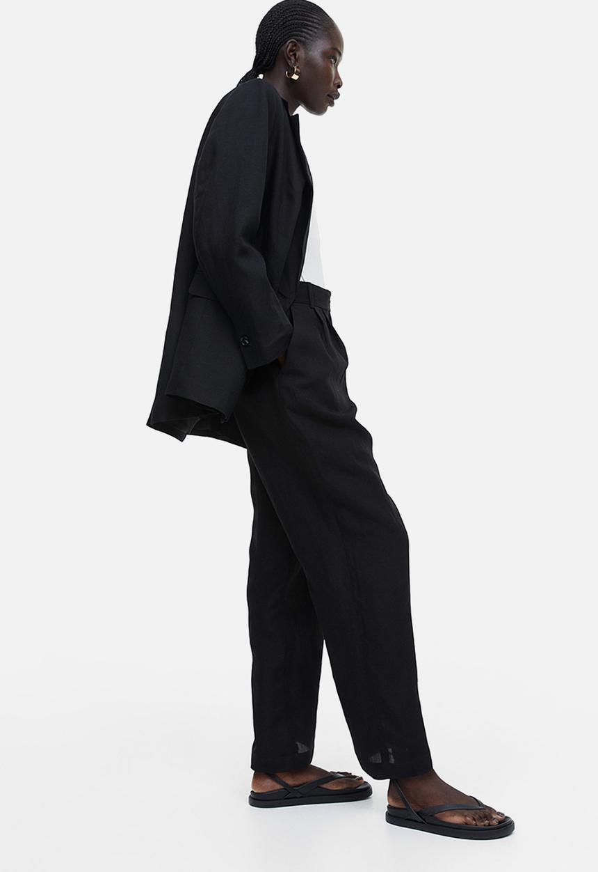 H&M - Wide linen-blend trousers - black