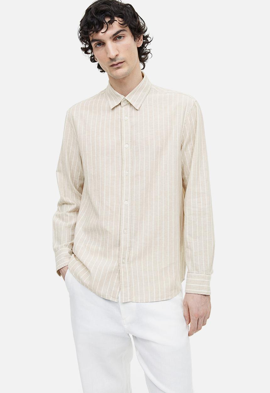 H&M - Regular fit linen-blend shirt - light beige striped