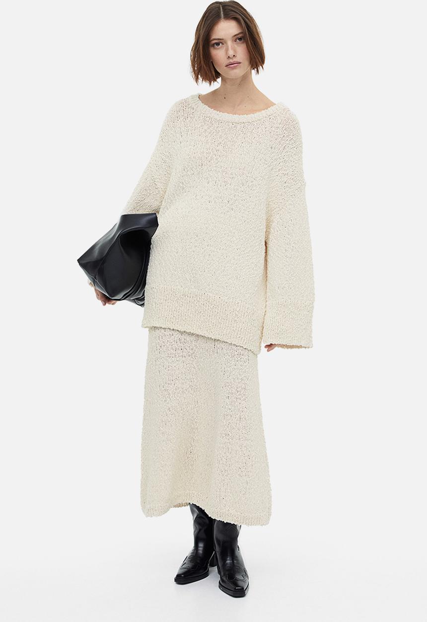 H&M - Flared textured-knit skirt - cream 