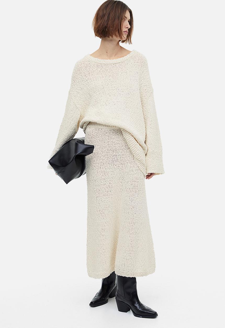 H&M - Flared textured-knit skirt - cream 