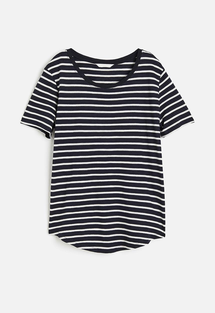 H&M - Modal-blend T-shirt - navy blue white striped 