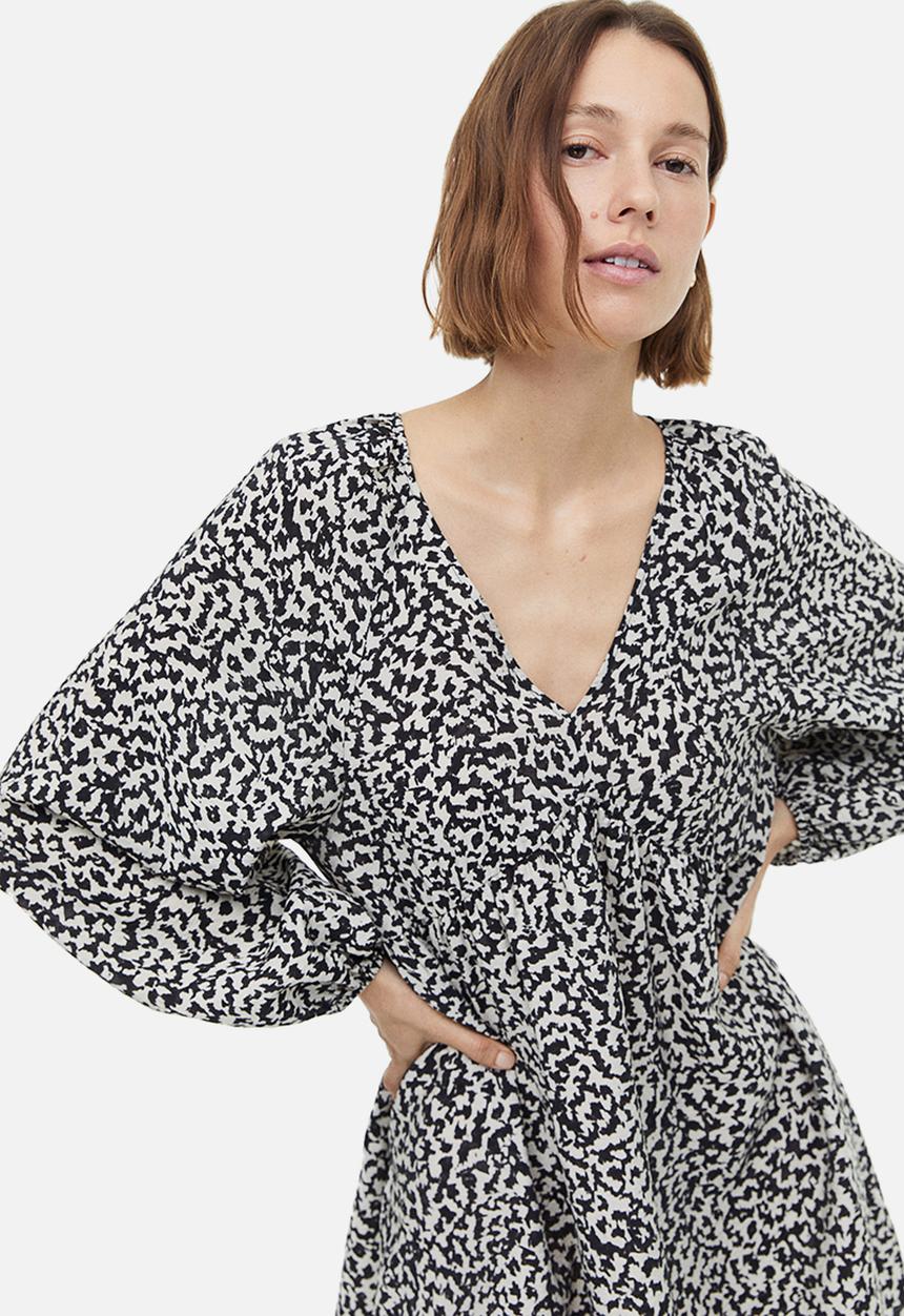 H&M - A-line dress - cream black patterned