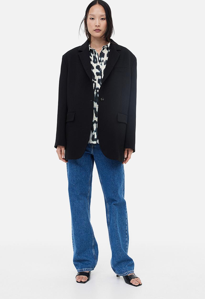 H&M - Pointed-collar shirt - cream & leopard print