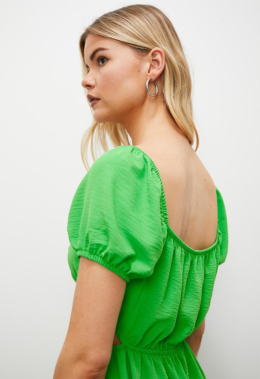Blake - Cut out trim puff sleeve dress - green