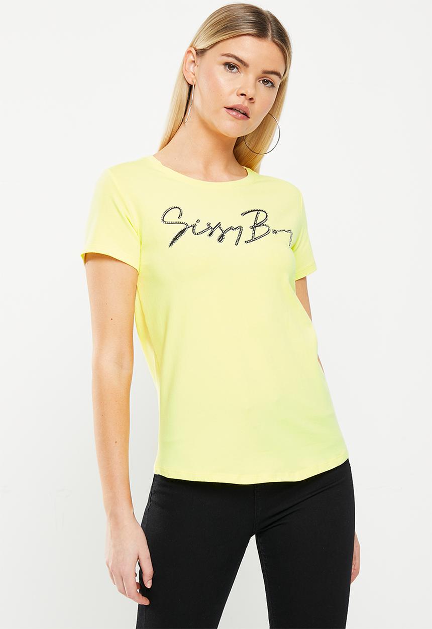 SISSY BOY - Ronel: regular fit print and bling logo top - yellow