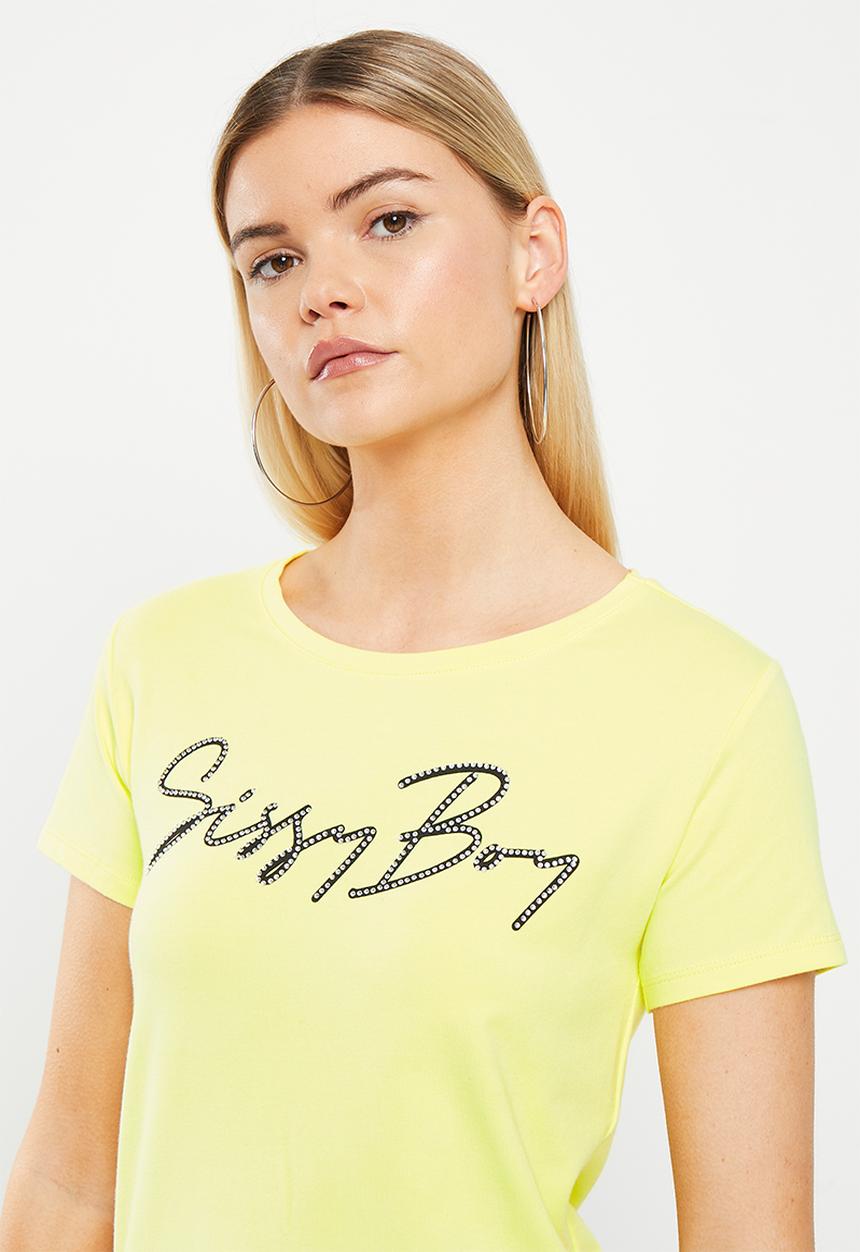 SISSY BOY - Ronel: regular fit print and bling logo top - yellow