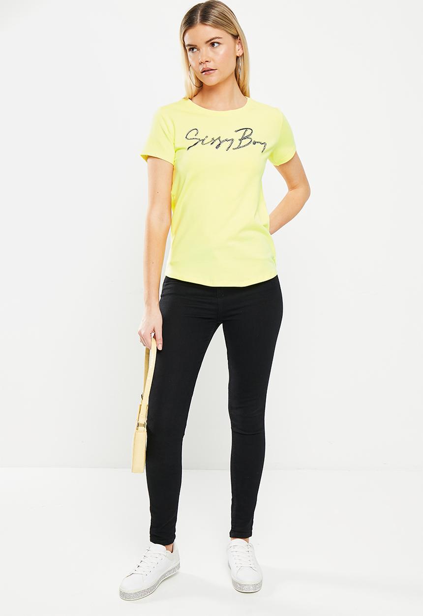 SISSY BOY - Ronel: regular fit print and bling logo top - yellow