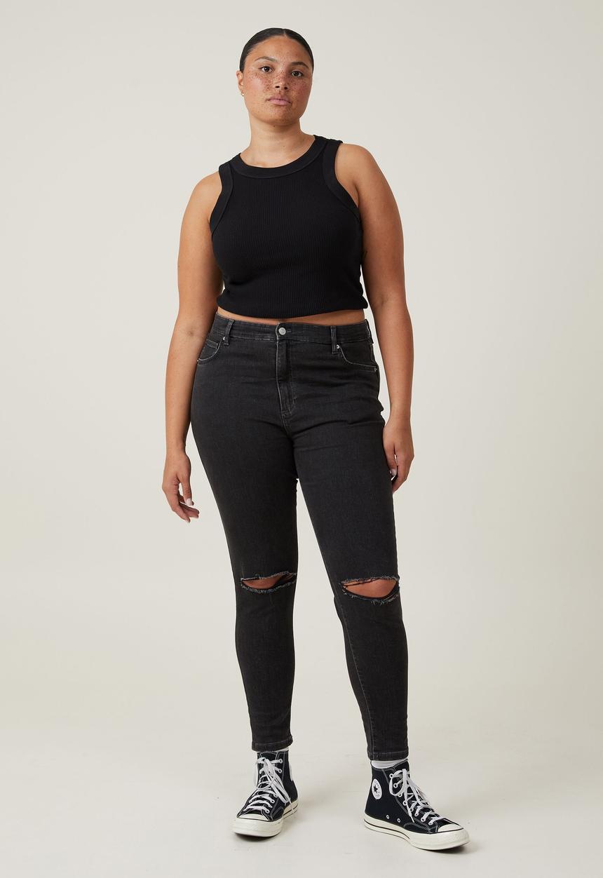 Cotton On - Plus high rise skinny jean - graphite black rip