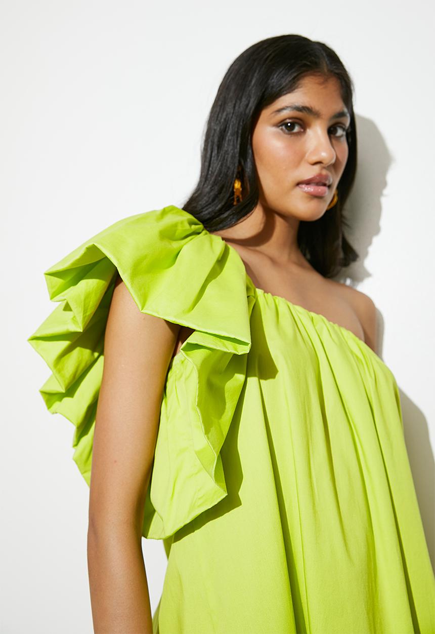 VELVET - Statement trapeze maxi with ruffle detail - lime