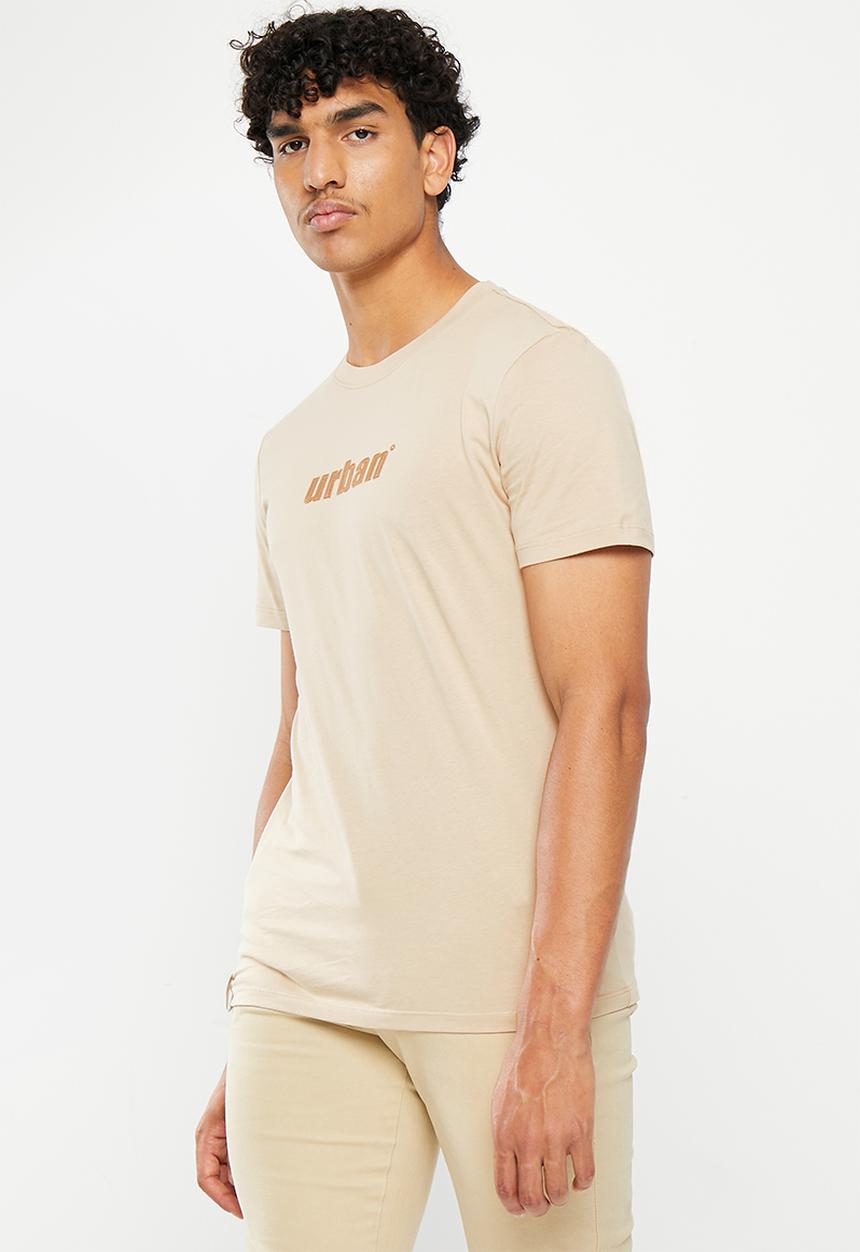 urban° - Mens urban core large run stitch embrodiery tee - oxford tan