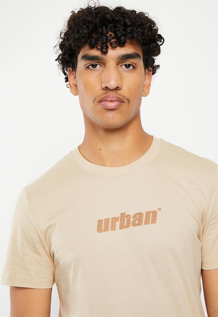 urban° - Mens urban core large run stitch embrodiery tee - oxford tan