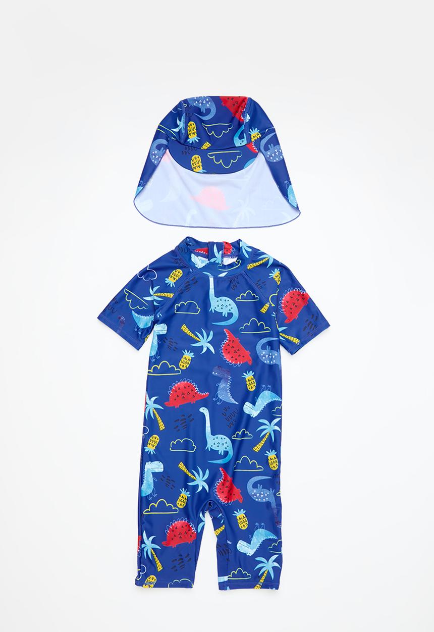 MINOTI - Boys 2 pack blue dino aop rash suit & hat set - blue 