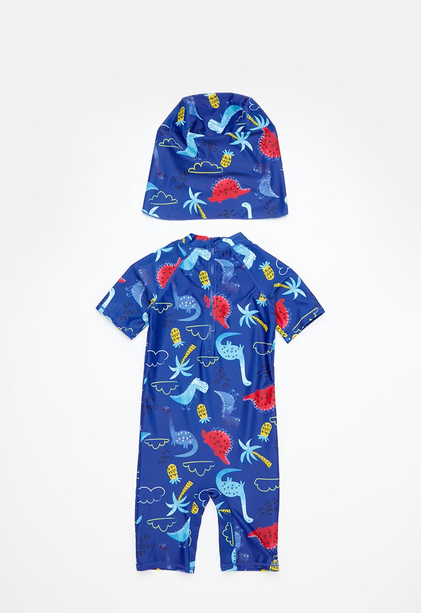 MINOTI - Boys 2 pack blue dino aop rash suit & hat set - blue 