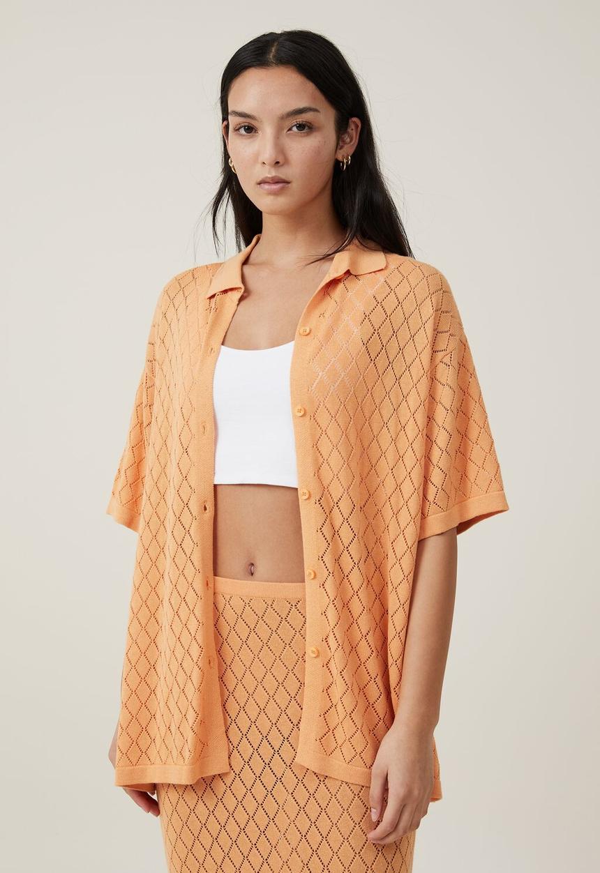 Cotton On - Pointelle knit shirt - sunray orange