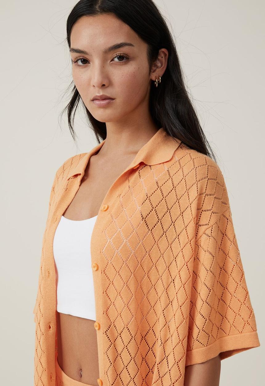 Cotton On - Pointelle knit shirt - sunray orange