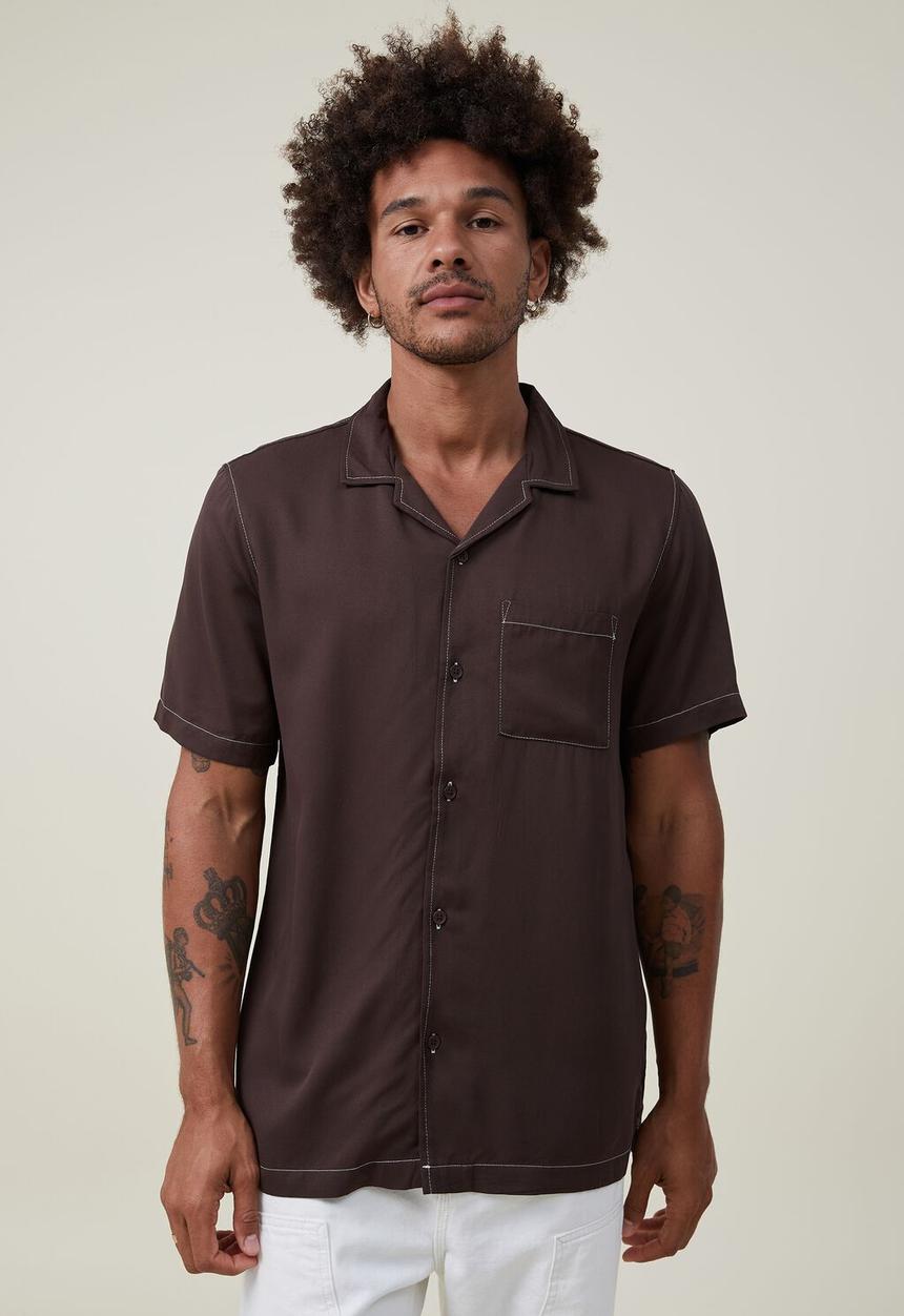Cotton On - Riviera short sleeve shirt - rich brown pop stitch 