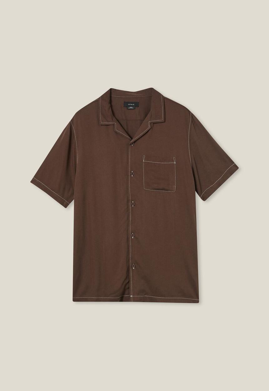 Cotton On - Riviera short sleeve shirt - rich brown pop stitch 