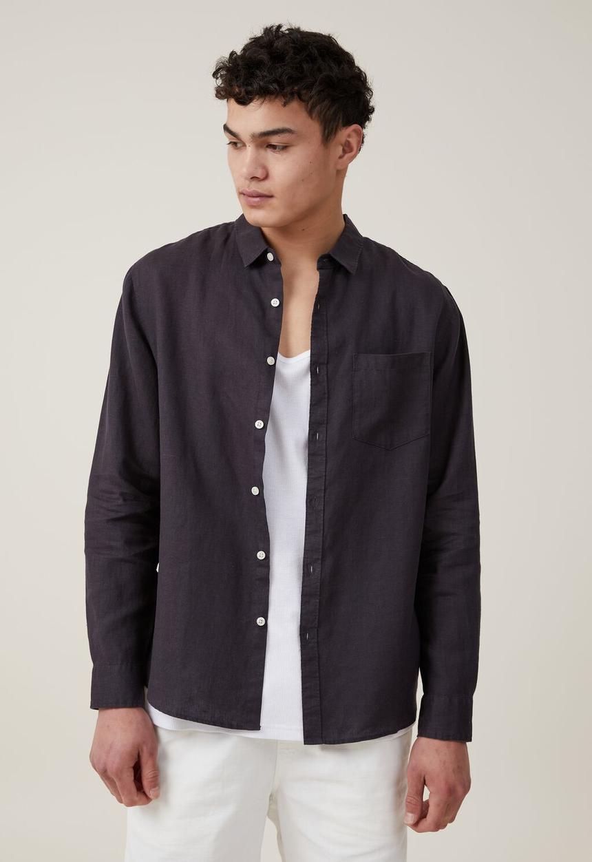 Cotton On - Linen long sleeve shirt - charcoal  