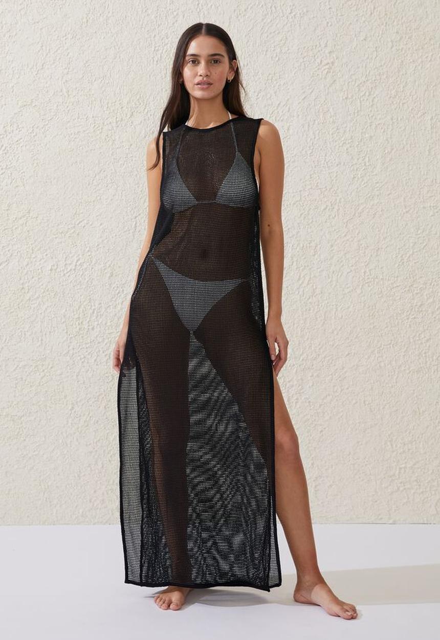 Cotton On - Open mesh beach maxi dress - black