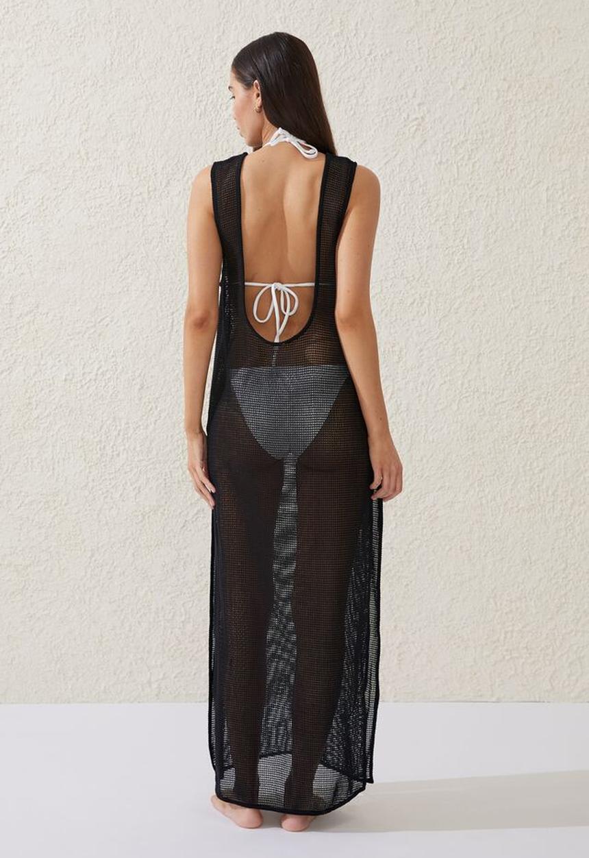 Cotton On - Open mesh beach maxi dress - black