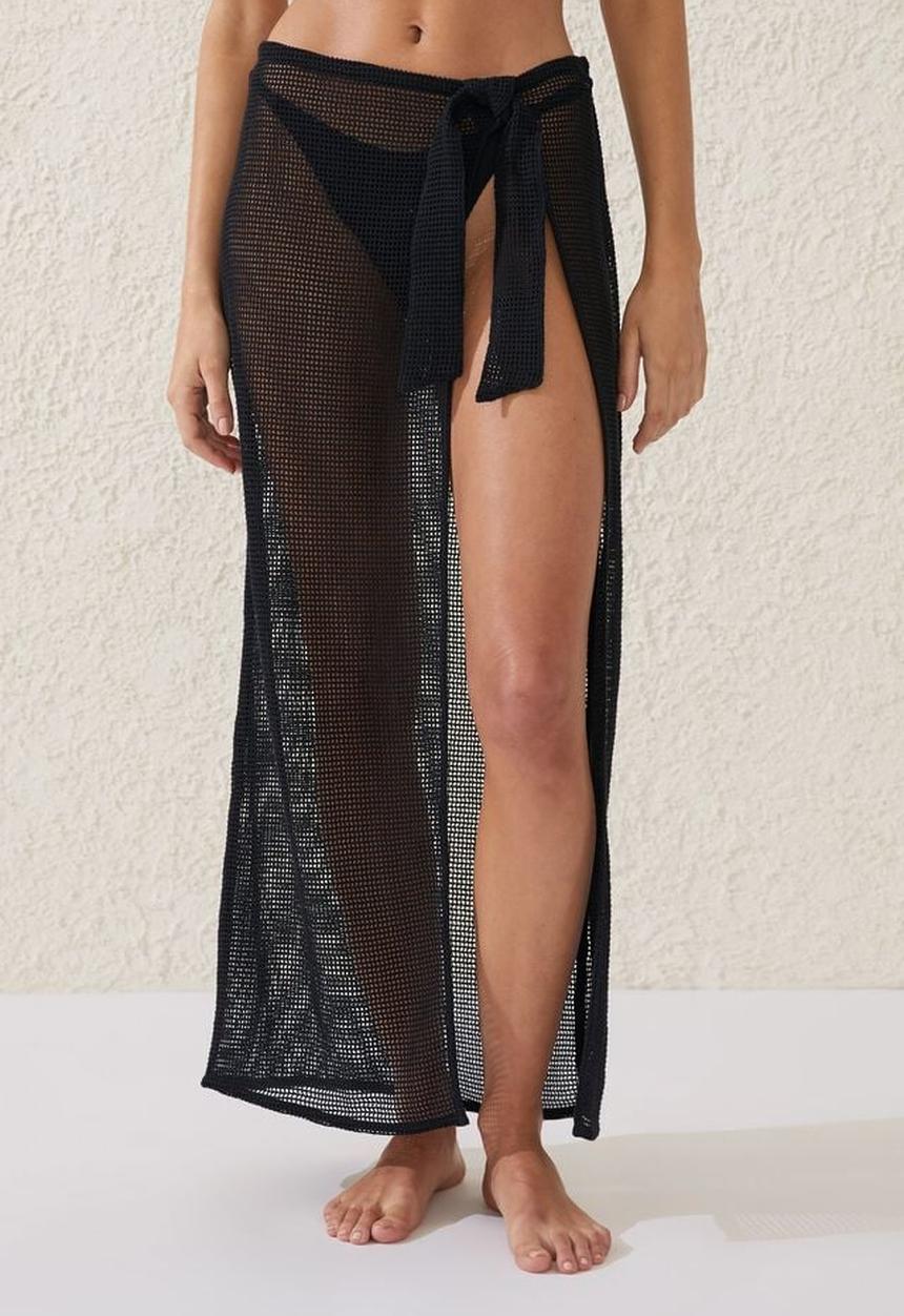 Cotton On - Open mesh beach sarong wrap skirt - black