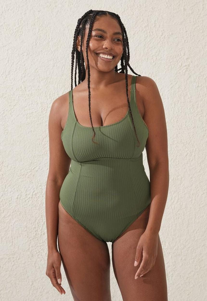 Cotton On - Plus scoop neck d+ one piece full - khaki wide rib