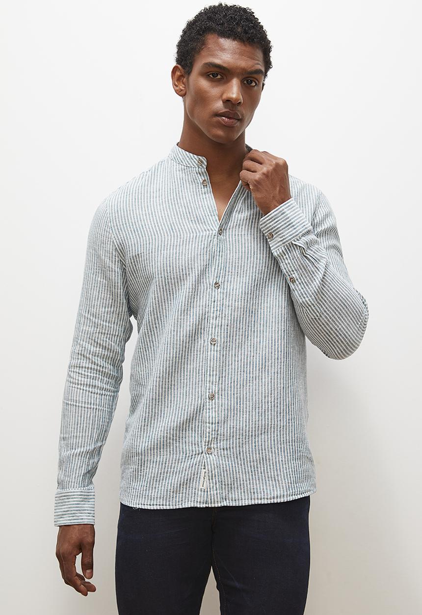 Lark & Crosse - Striped mandarin long sleeve textured shirt -  olive & white
