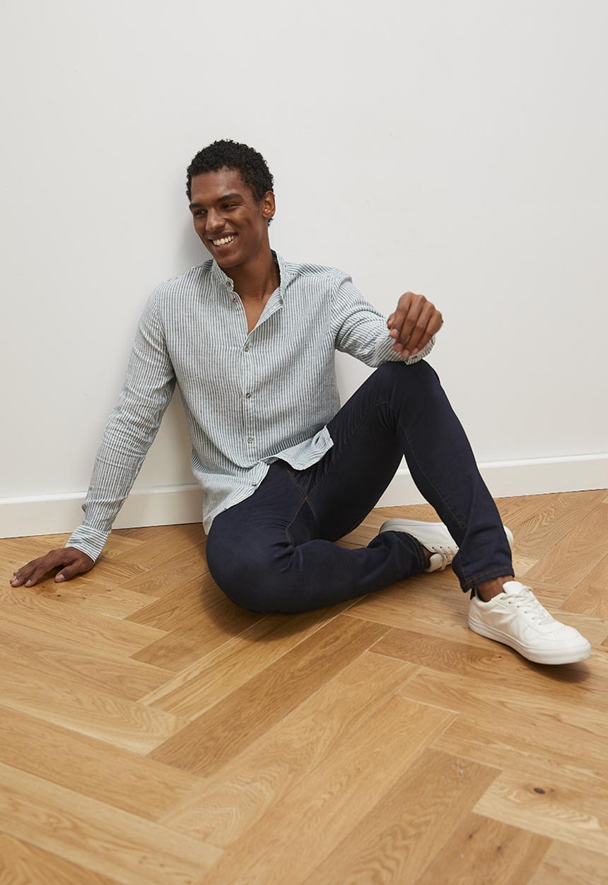Lark & Crosse - Striped mandarin long sleeve textured shirt -  olive & white
