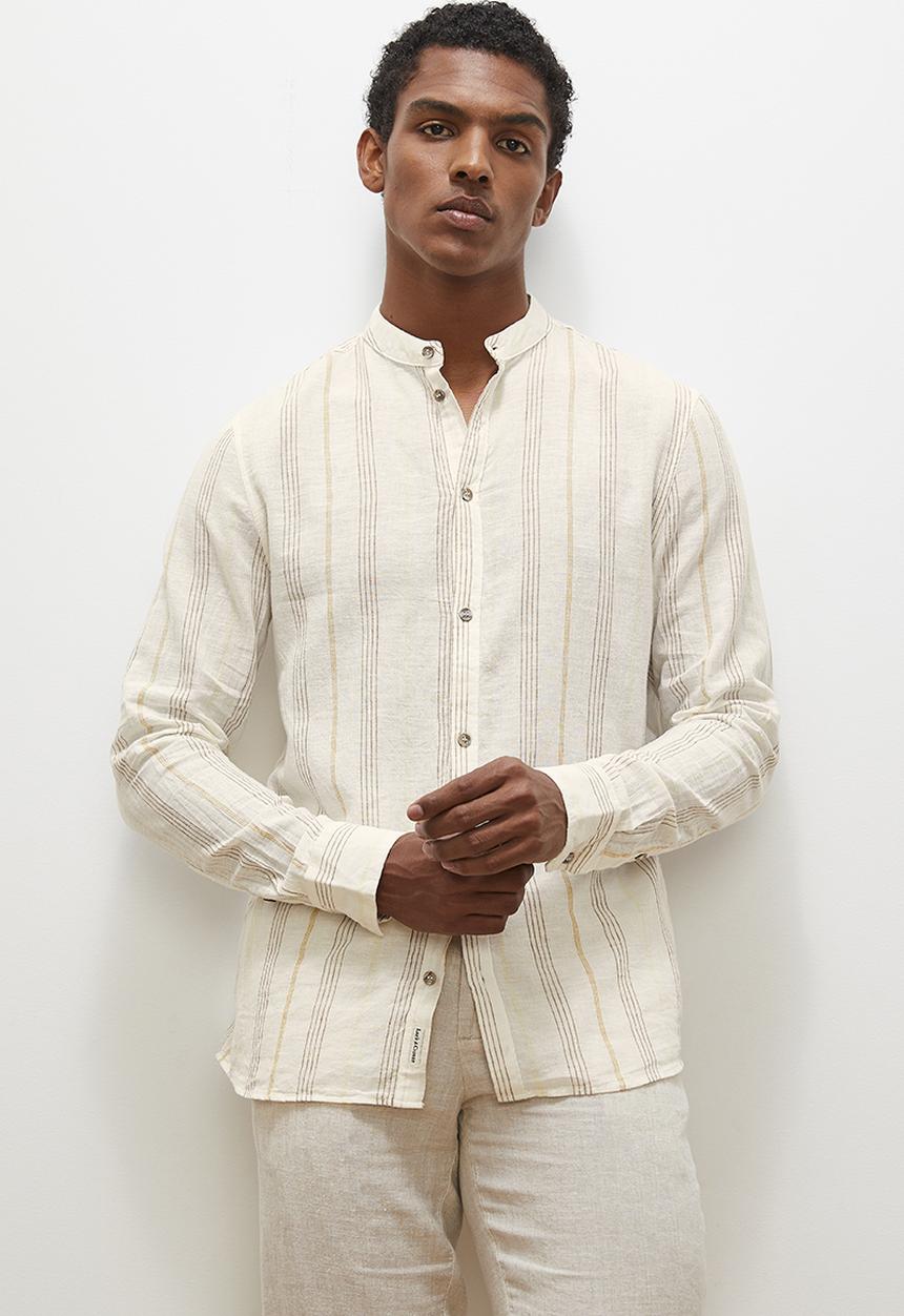 Lark & Crosse - Striped mandarin long sleeve textured shirt - stone & white
