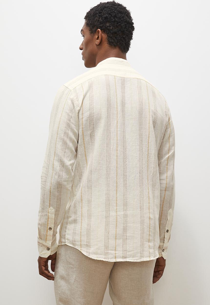 Lark & Crosse - Striped mandarin long sleeve textured shirt - stone & white