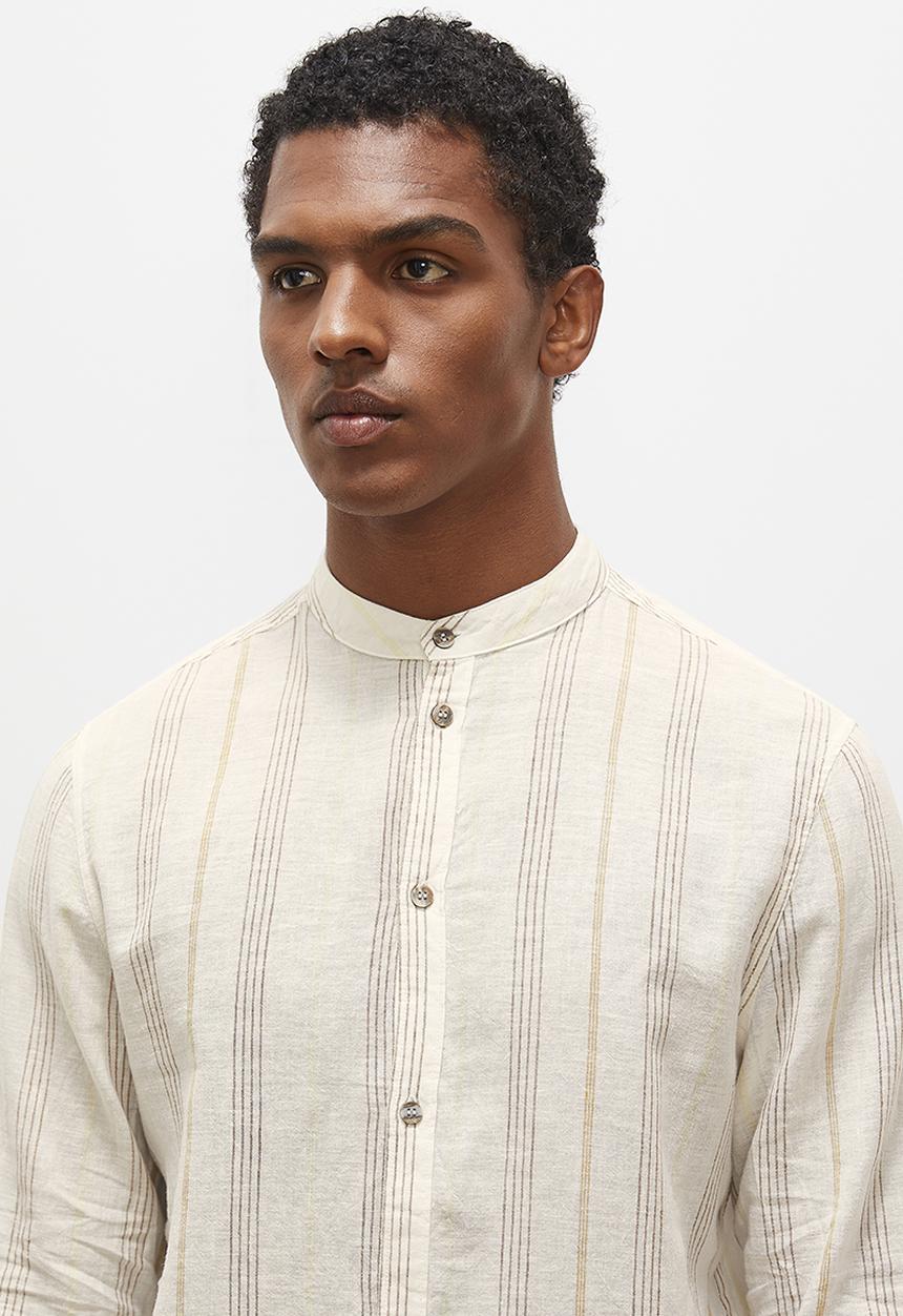 Lark & Crosse - Striped mandarin long sleeve textured shirt - stone & white
