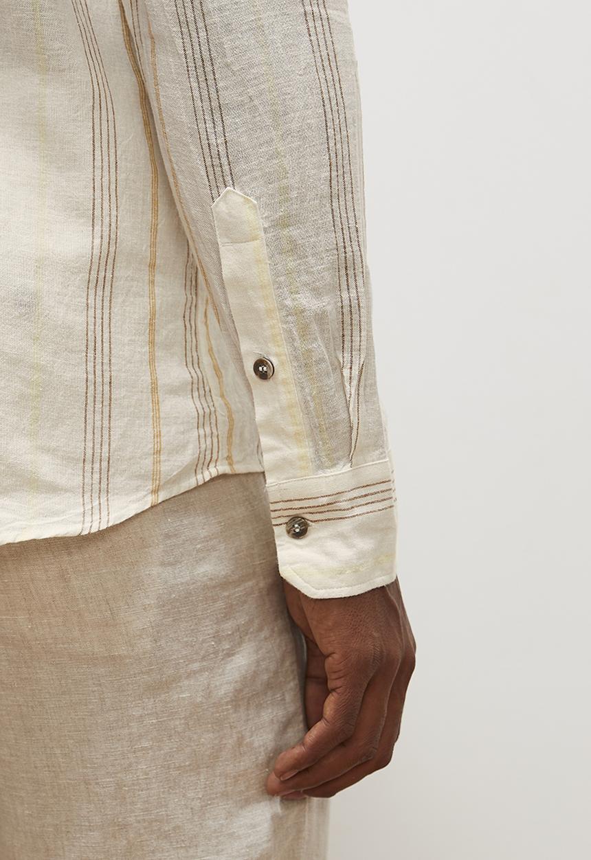 Lark & Crosse - Striped mandarin long sleeve textured shirt - stone & white