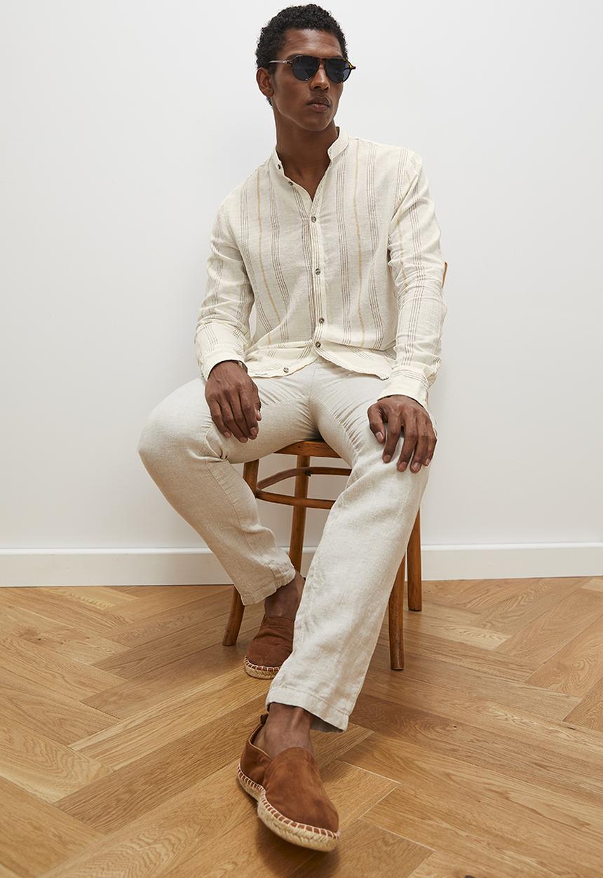 Lark & Crosse - Striped mandarin long sleeve textured shirt - stone & white