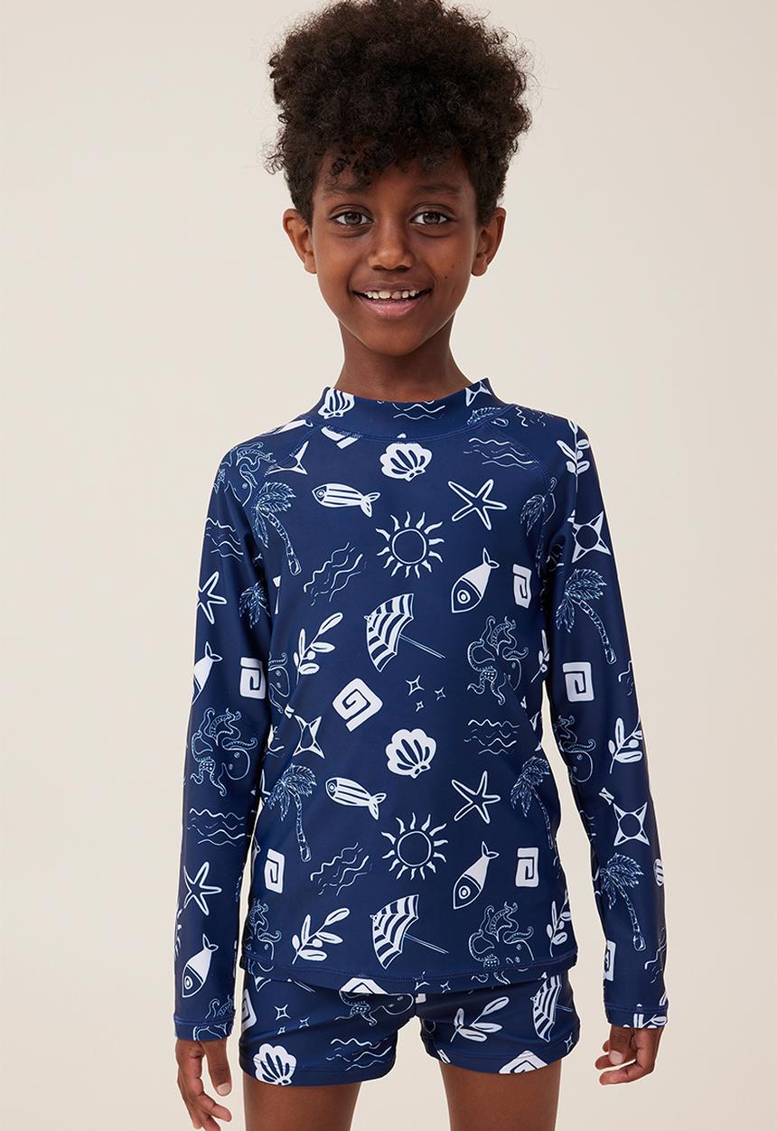 Cotton On - Flynn long sleeve raglan rash vest - in the navy/rainy day santorini