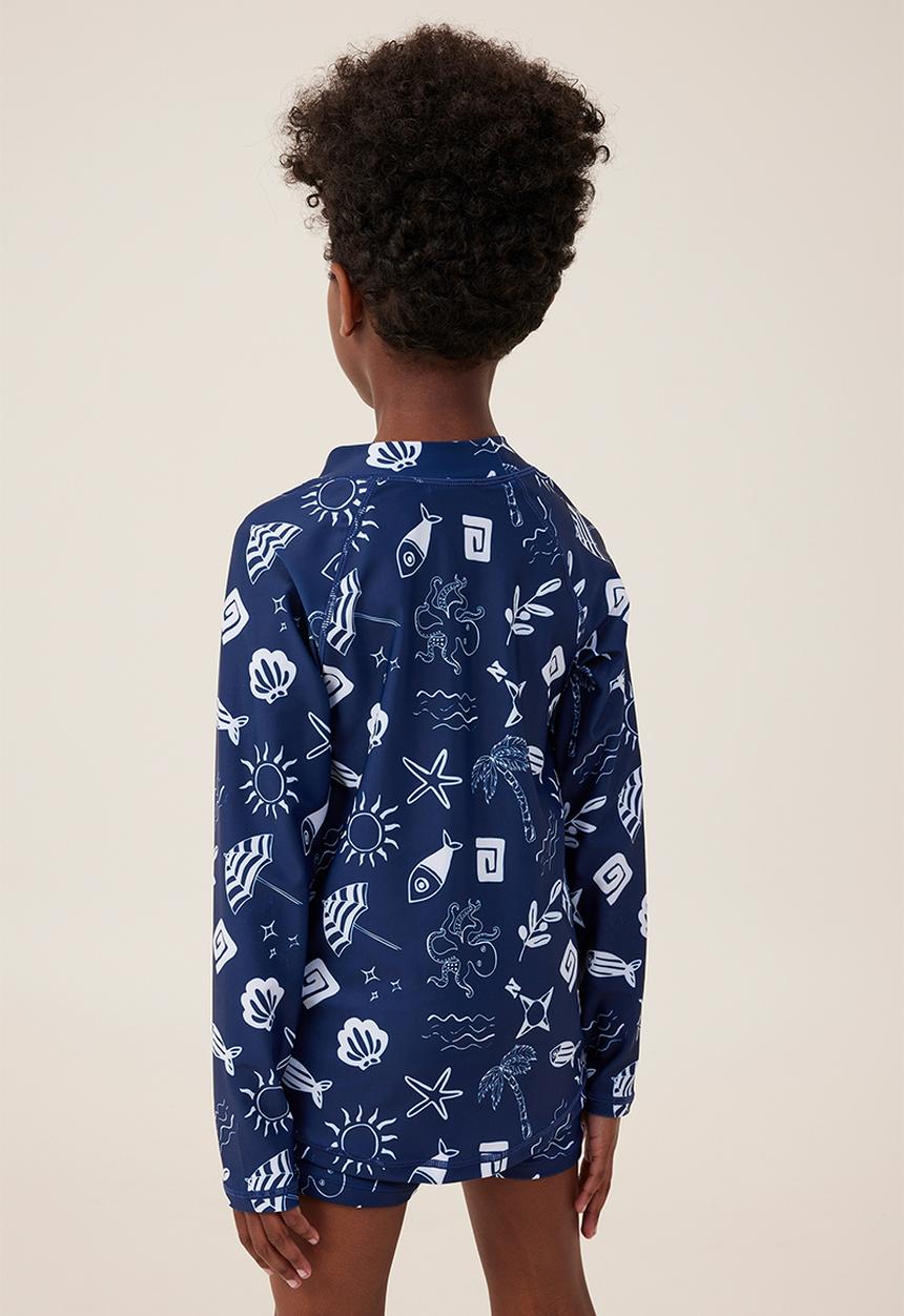 Cotton On - Flynn long sleeve raglan rash vest - in the navy/rainy day santorini