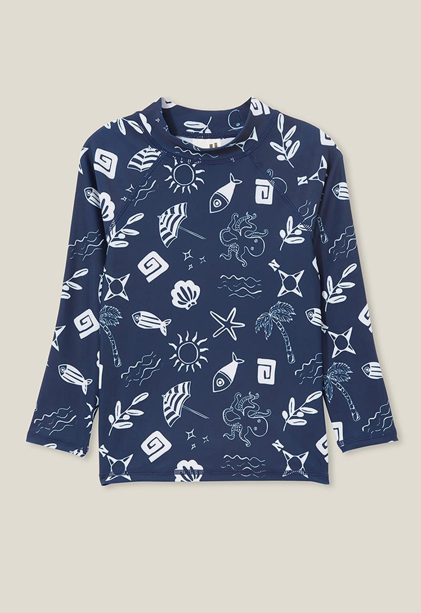 Cotton On - Flynn long sleeve raglan rash vest - in the navy/rainy day santorini
