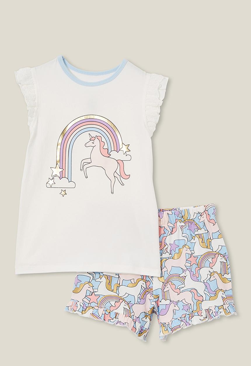 Cotton On - Stacey short sleeve flutter pyjama set - vanilla/dreamin  unicorns