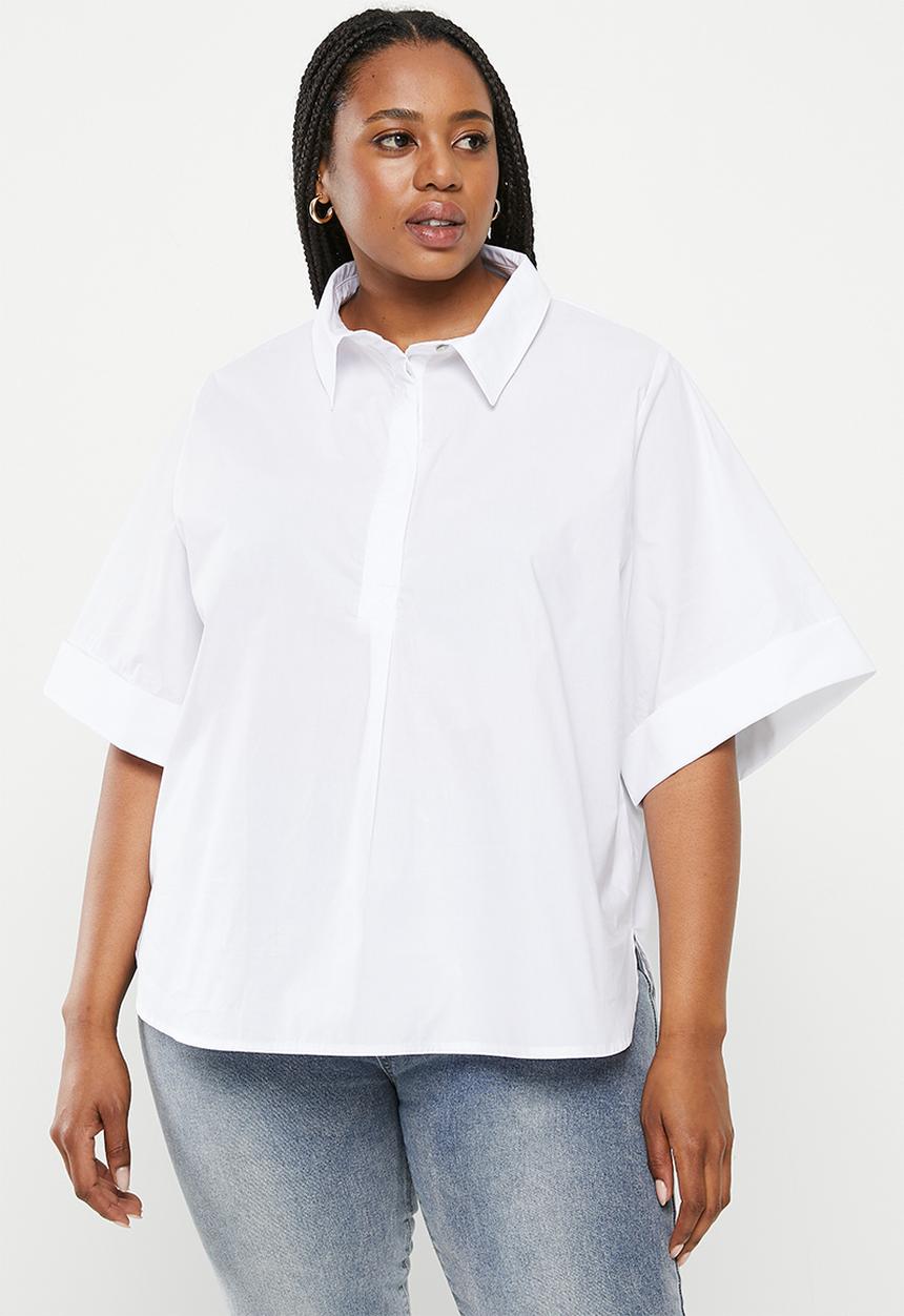 Me&B - Plus cotton boxy shirt with kimono sleeve - white