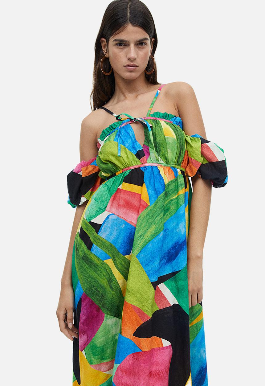 H&M - Linen-blend off-the-shoulder dress - green patterned