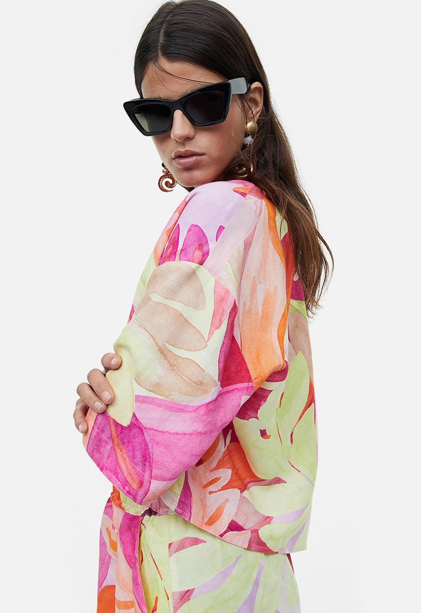 H&M - Linen-blend shirt - pink leaf-patterned