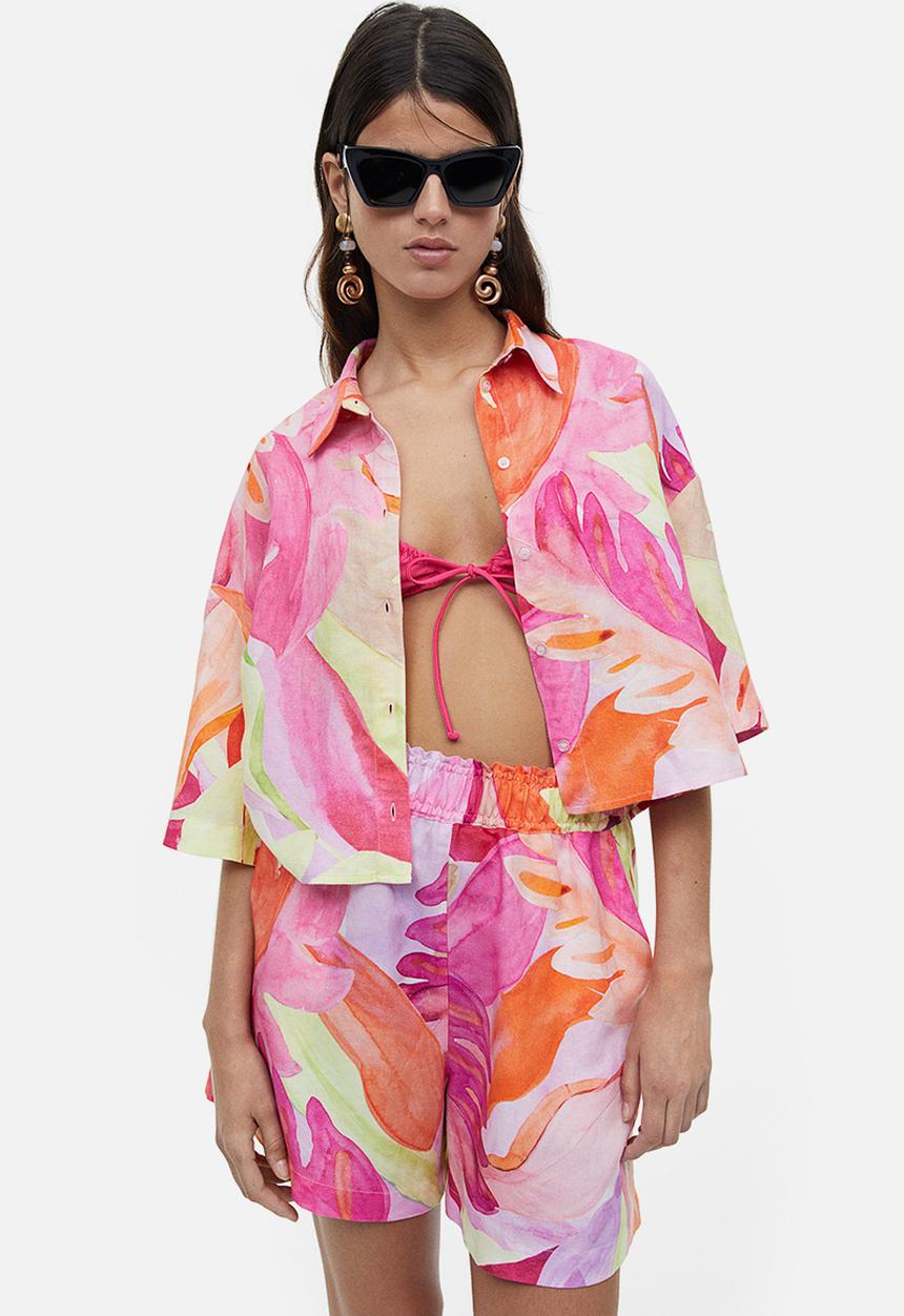 H&M - Linen-blend shirt - pink leaf-patterned