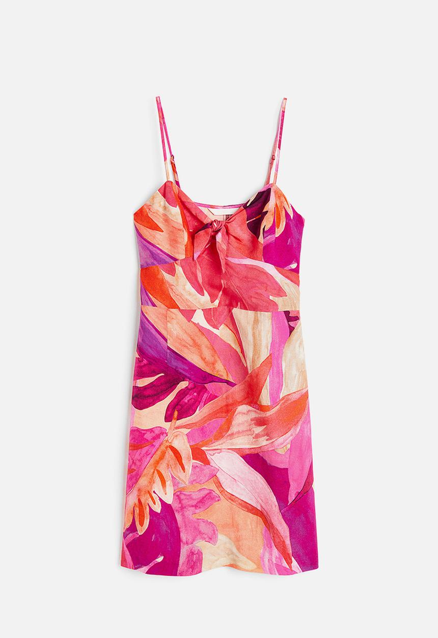 H&M - Linen-blend dress - cerise leaf-patterned