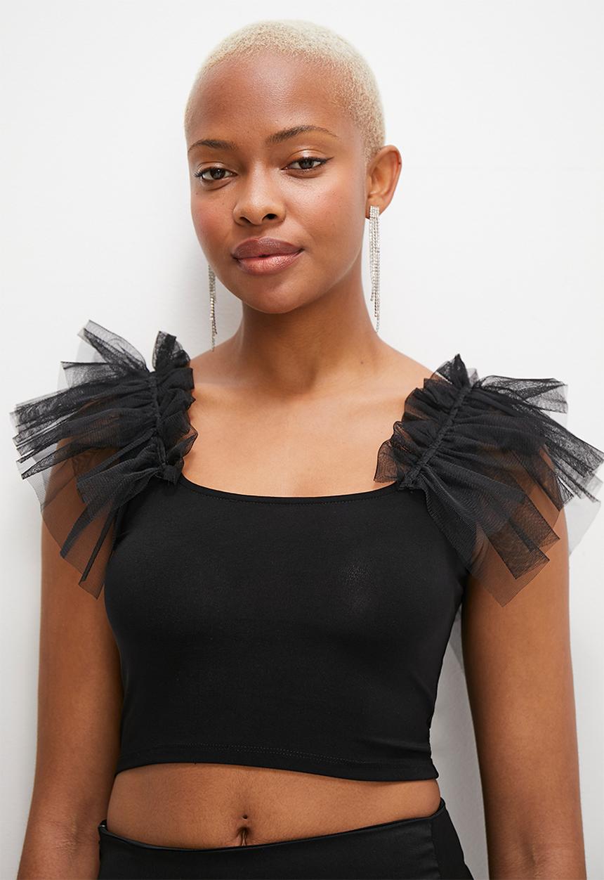 MILLA - Women's ruffle sleeve top - black 