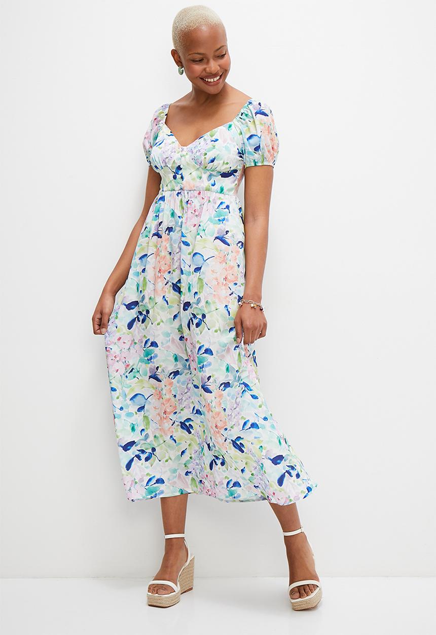 MILLA - Corset detail midi dress - blues watercolour bloom