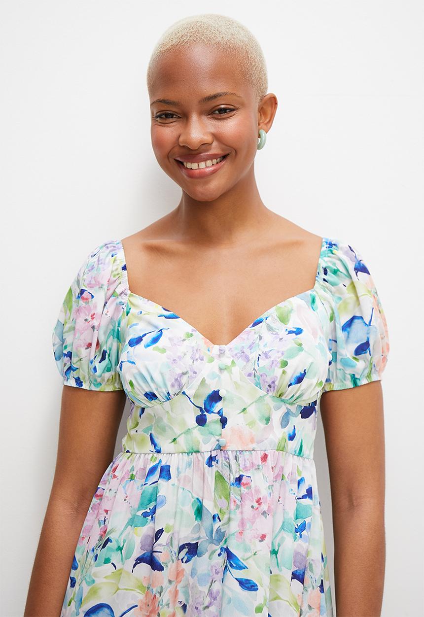 MILLA - Corset detail midi dress - blues watercolour bloom