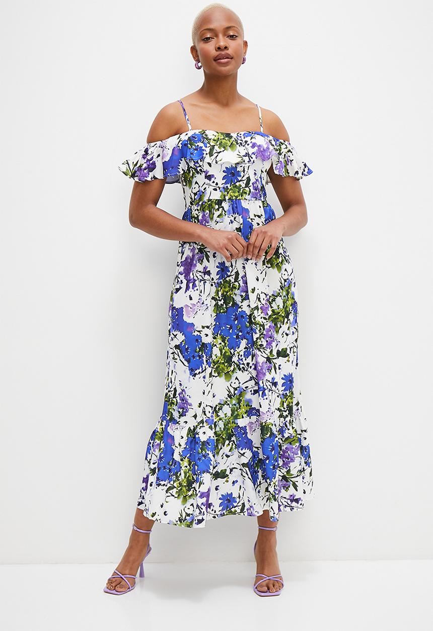 MILLA - Ruffle midi dress with tiered hem - purple blue floral
